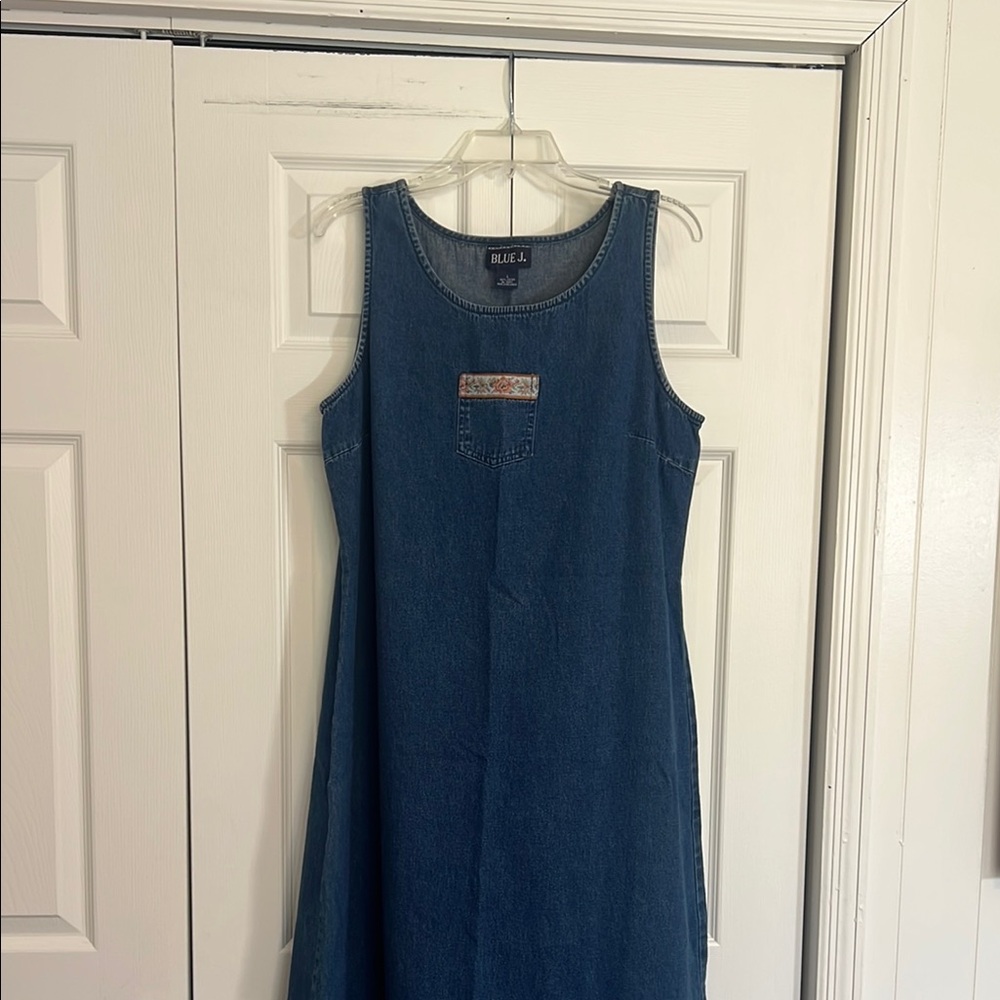 Vintage 90s Denim Sleeveless Dress Women’s Large Midi/Maxi Length Side Slits F1